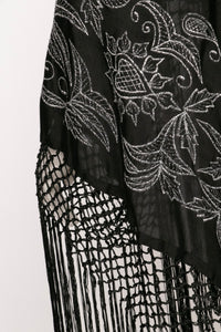 1950s Piano Shawl Embroidered Metallic Floral Fringe Wrap