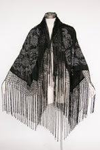Load image into Gallery viewer, 1950s Piano Shawl Embroidered Metallic Floral Fringe Wrap