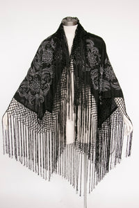 1950s Piano Shawl Embroidered Metallic Floral Fringe Wrap