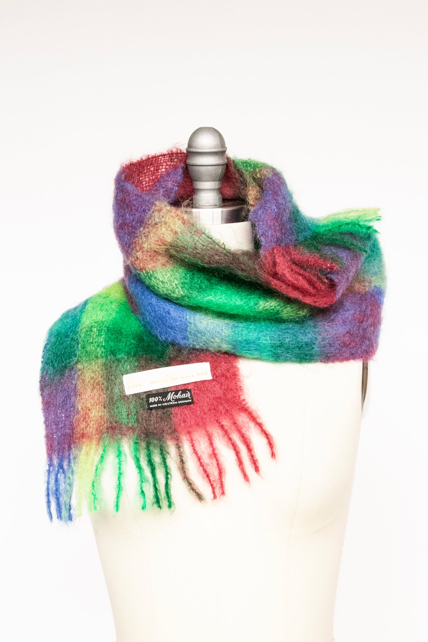 1970s Scarf Mohair Bright Plaid Knit Wrap