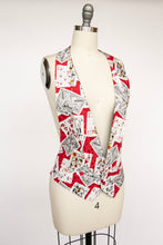 Load image into Gallery viewer, 1990s Nicole Miller Silk Vest Tuxedo Backless Barback Cards Novelty Print