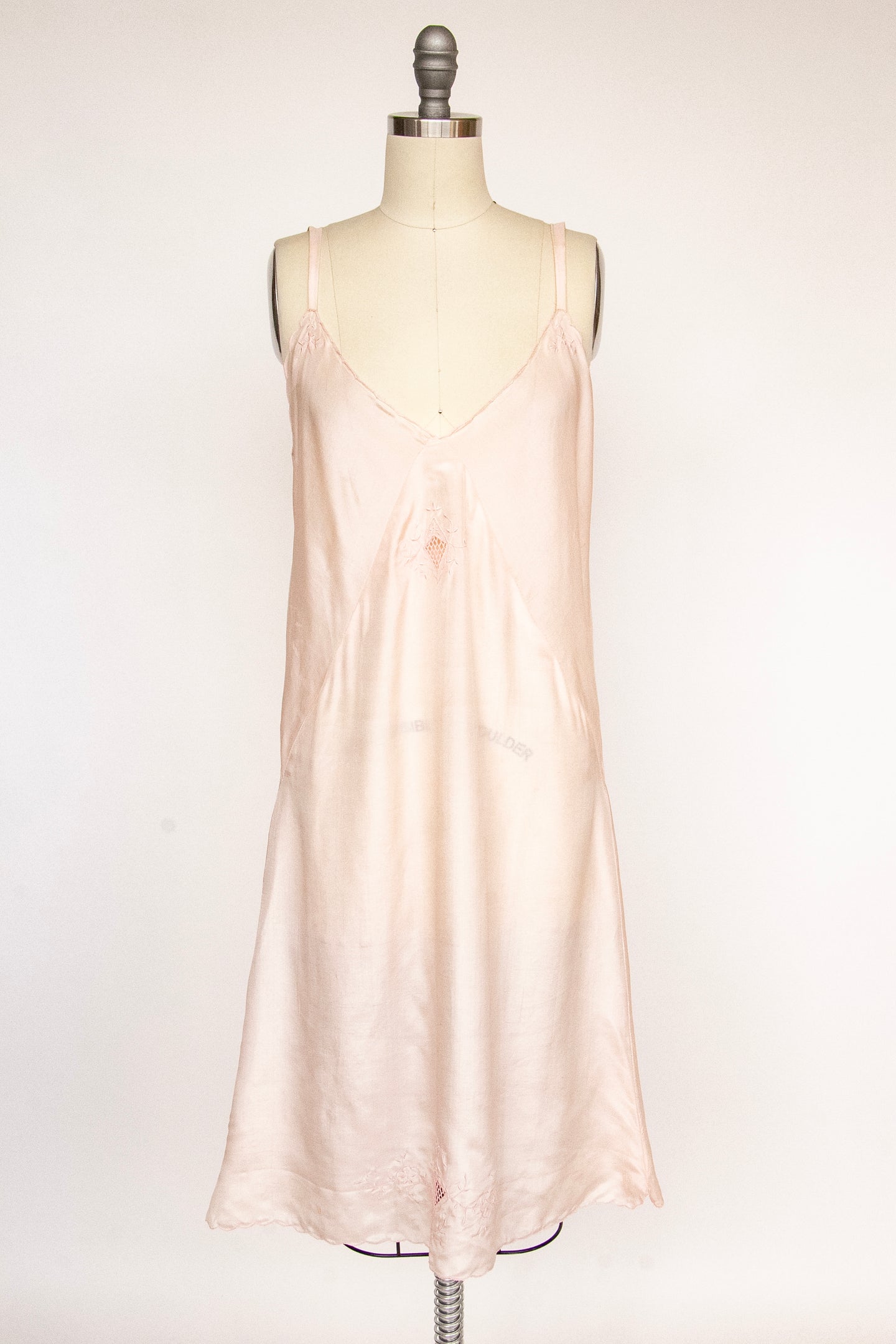 1940s Silk Slip Pink Embroidered Length Bias Cut M
