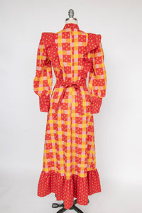 1970s Maxi Dress Patchwork Cotton Prairie Gown S