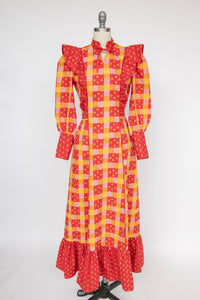 1970s Maxi Dress Patchwork Cotton Prairie Gown S