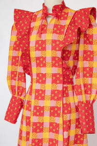 1970s Maxi Dress Patchwork Cotton Prairie Gown S