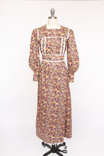 Load image into Gallery viewer, 1970s Maxi Dress Cotton Strawberry Floral Prairie Gown S