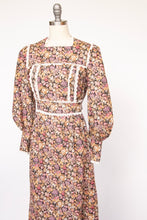 Load image into Gallery viewer, 1970s Maxi Dress Cotton Strawberry Floral Prairie Gown S