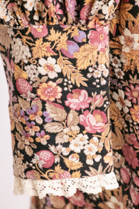 1970s Maxi Dress Cotton Strawberry Floral Prairie Gown S