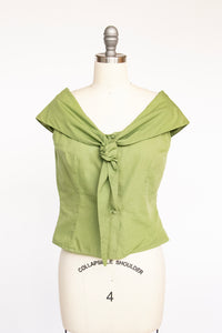 1950s Blouse Cropped Cotton Green Sleeveless Top S