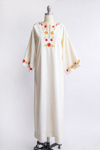 1970s Maxi Gown Embroidered Cotton Dress S