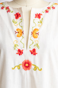 1970s Maxi Gown Embroidered Cotton Dress S