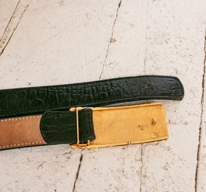 1980s Belt Black Leather Gold Buckle Designer XL