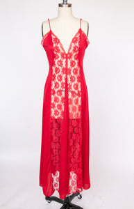 1980s Nightgown Sheer Lace Long Slip Lingerie Dress Red