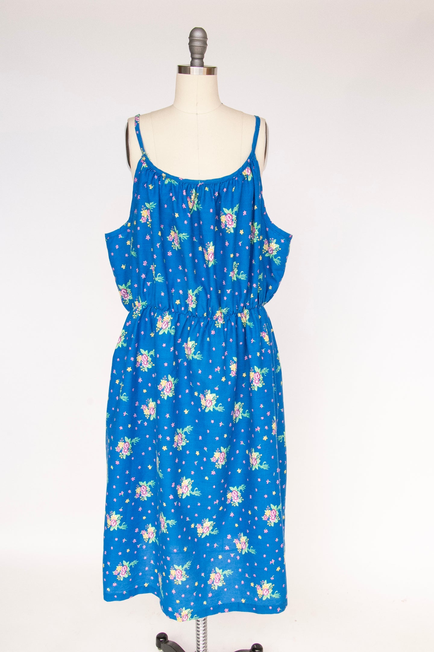 1970s Dress Floral Cotton Sleeveless Full Skirt XL