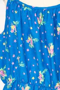 1970s Dress Floral Cotton Sleeveless Full Skirt XL