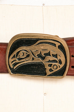 1970s Belt Brass Buckle NW Native Whale Brown Leather