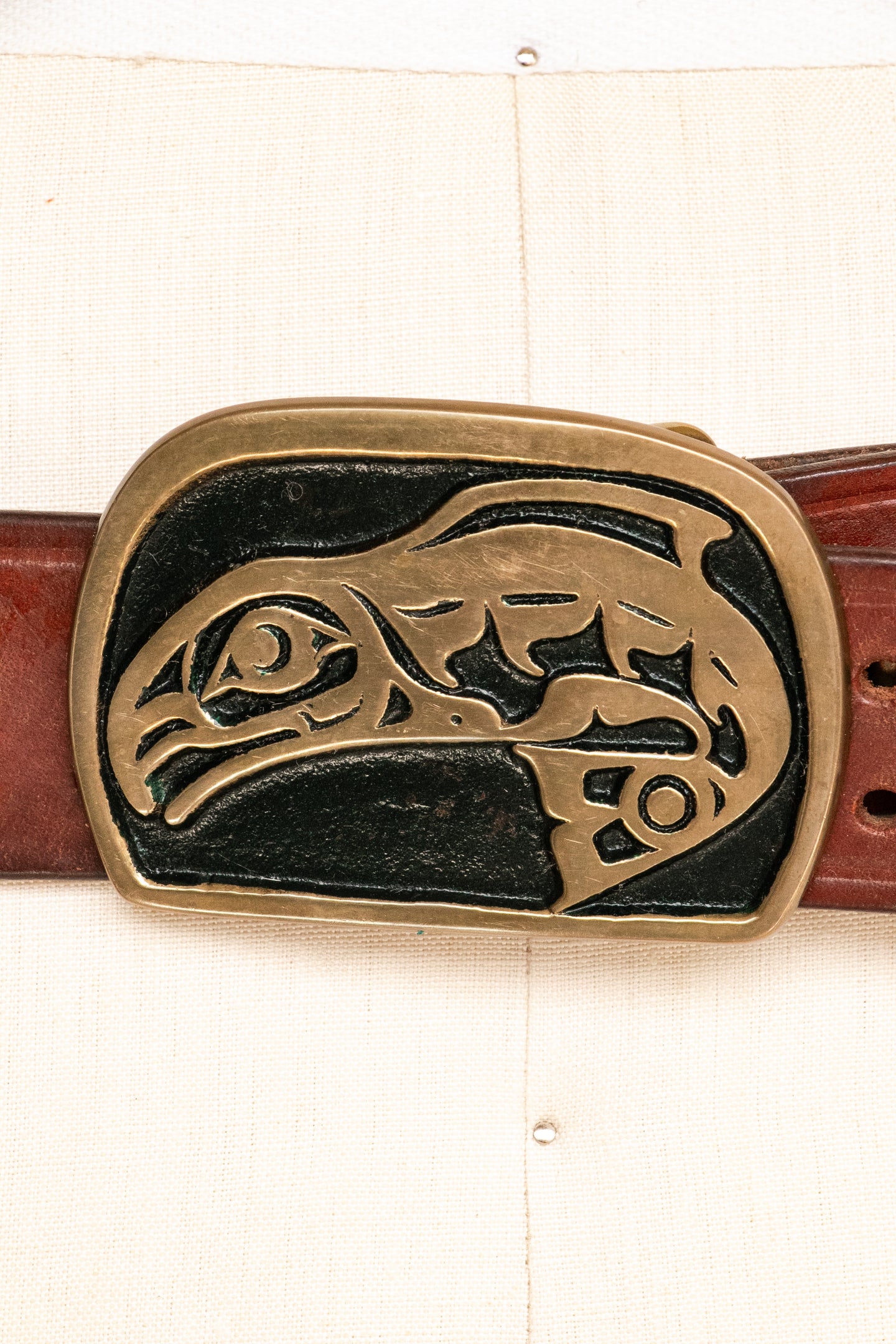 1970s Belt Brass Buckle NW Native Whale Brown Leather