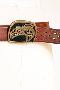 1970s Belt Brass Buckle NW Native Whale Brown Leather