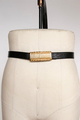 1980s Belt Black Leather Gold Buckle Designer XL