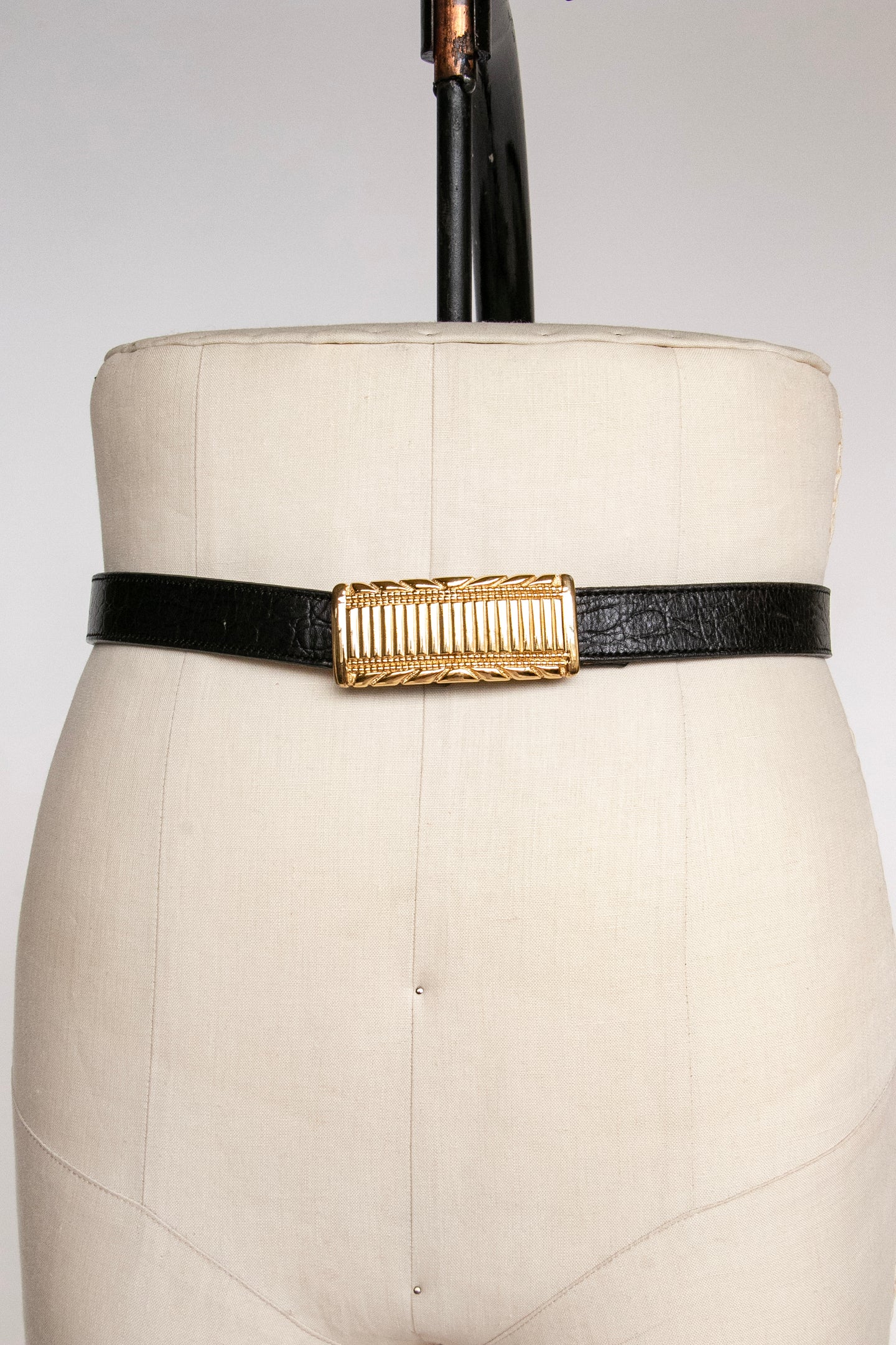 1980s Belt Black Leather Gold Buckle Designer XL