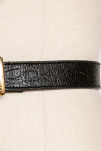 1980s Belt Black Leather Gold Buckle Designer XL