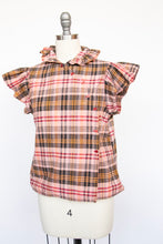 Load image into Gallery viewer, 1970s Ruffle Blouse Natural Cotton Plaid S