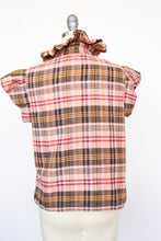 Load image into Gallery viewer, 1970s Ruffle Blouse Natural Cotton Plaid S