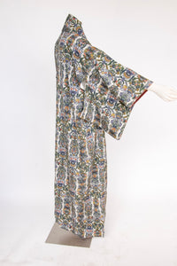 1950s Kimono Japanese Robe Silk Crepe Printed Long