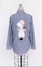 Load image into Gallery viewer, 1970s Chambray Shirt Button Up Holly Hobbie Appliqué Ric Rac S