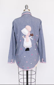 1970s Chambray Shirt Button Up Holly Hobbie Appliqué Ric Rac S