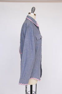 1970s Chambray Shirt Button Up Holly Hobbie Appliqué Ric Rac S