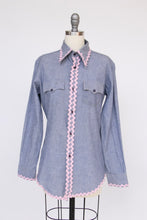 Load image into Gallery viewer, 1970s Chambray Shirt Button Up Holly Hobbie Appliqué Ric Rac S