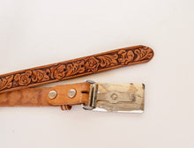 Load image into Gallery viewer, 1950s Belt + Buckle Disney Hand Tooled Leather Western Mickey Youth