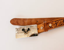 Load image into Gallery viewer, 1950s Belt + Buckle Disney Hand Tooled Leather Western Mickey Youth
