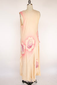 1920s Dress Silk Chiffon Beaded Air Brushed Floral Deco Gown M