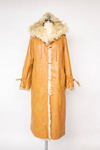 1970s Coat Leather Mongolian Lamb Reversible Hooded M