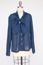 Load image into Gallery viewer, 1970s Blouse Blue Polk Dot Pussy Bow Tie Top M