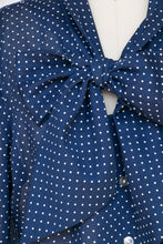 Load image into Gallery viewer, 1970s Blouse Blue Polk Dot Pussy Bow Tie Top M