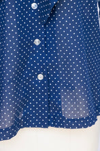 Load image into Gallery viewer, 1970s Blouse Blue Polk Dot Pussy Bow Tie Top M
