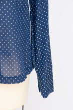 Load image into Gallery viewer, 1970s Blouse Blue Polk Dot Pussy Bow Tie Top M