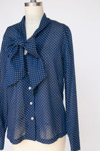 Load image into Gallery viewer, 1970s Blouse Blue Polk Dot Pussy Bow Tie Top M