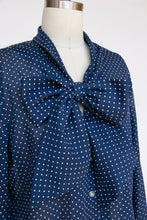 Load image into Gallery viewer, 1970s Blouse Blue Polk Dot Pussy Bow Tie Top M