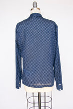 Load image into Gallery viewer, 1970s Blouse Blue Polk Dot Pussy Bow Tie Top M