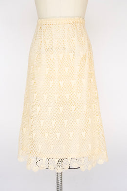 Vintage 1970s Skirt Crochet Lace Cream Boho L
