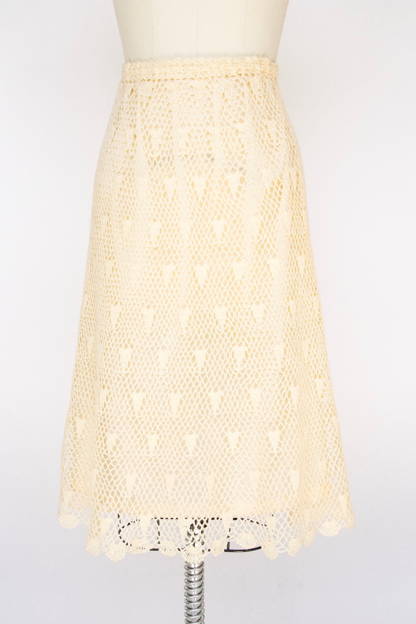 Vintage 1970s Skirt Crochet Lace Cream Boho L