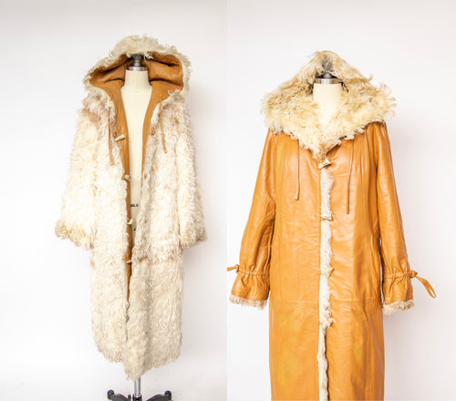 1970s Coat Leather Mongolian Lamb Reversible Hooded M
