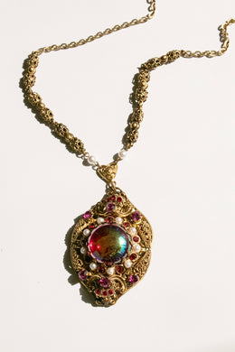Vintage Necklace West Germany Iridescent Glass Filigree Faux Pearl