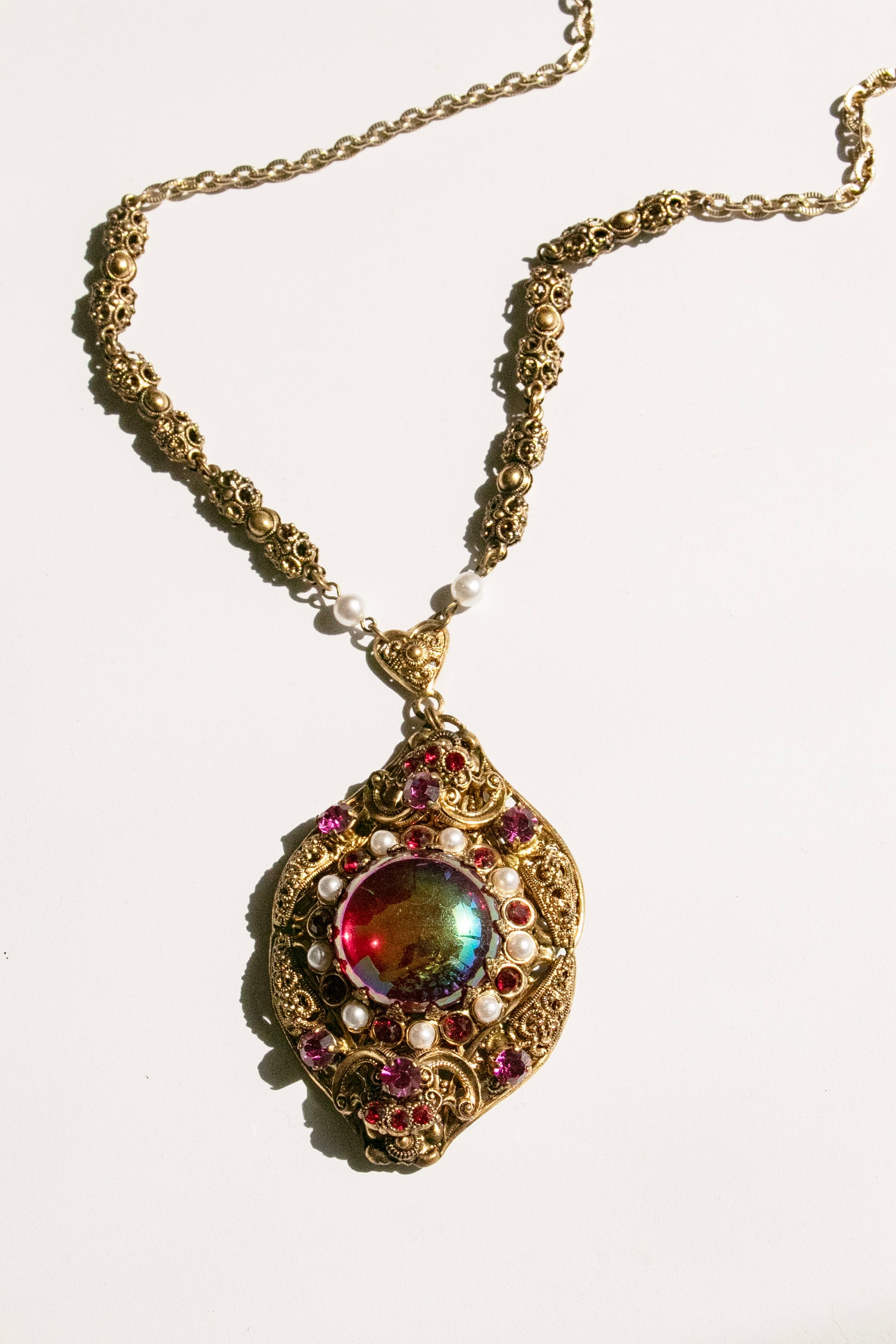 Vintage Necklace West Germany Iridescent Glass Filigree Faux Pearl
