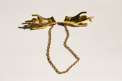 Vintage Brooch Gold Tone Palmistry Hands Chain Pin