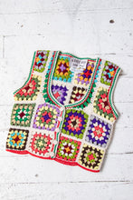 Load image into Gallery viewer, 1970s Crochet Vest Wool Knit Top Adolfo Saks 5th Ave Granny Squares S/XS